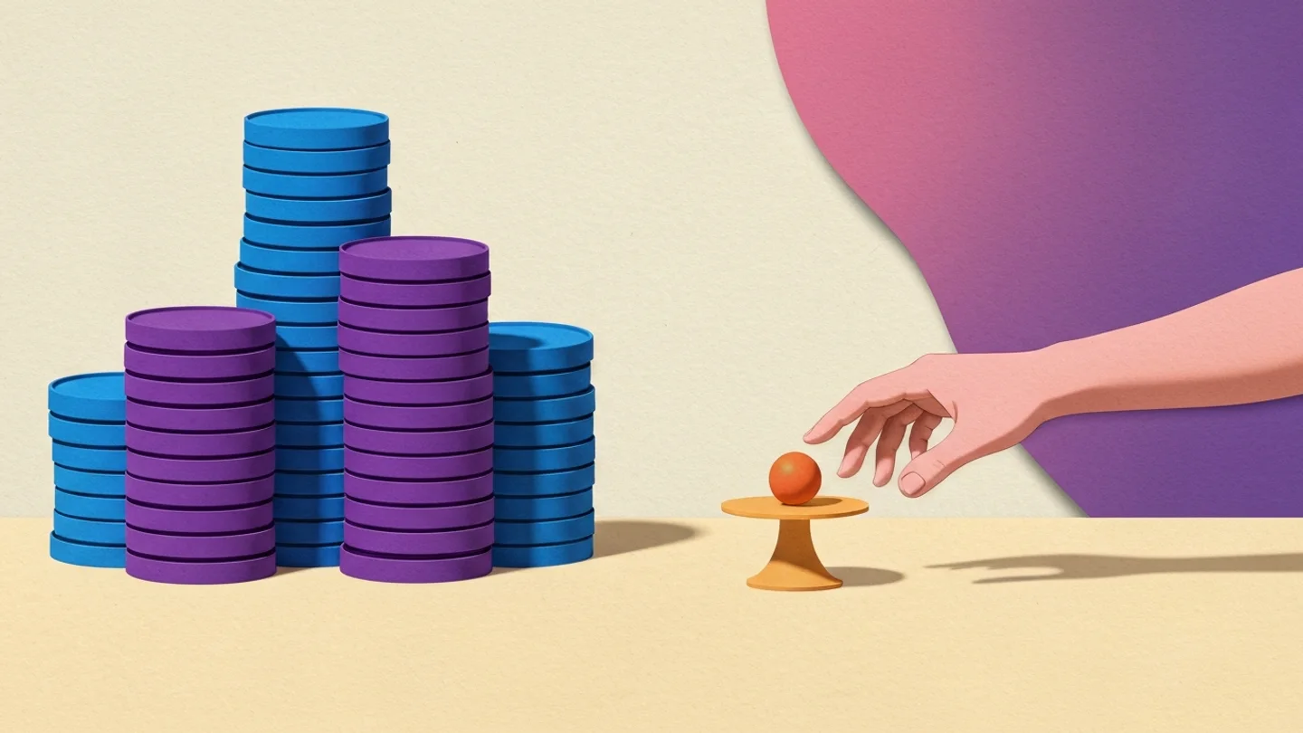 Tall, perfectly ordered stacks of film cans filling the left of the frame, and on the right a single small orange sphere on a pedestal with a hand reaching for it
