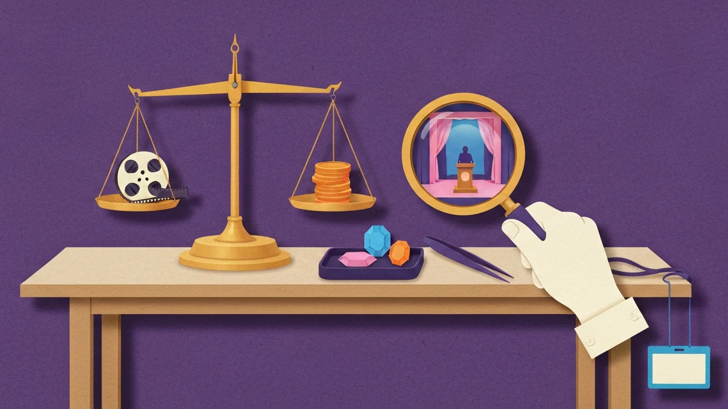 An appraiser table with a balance weighing a film reel against a stack of coins, cut gems on a tray, and a gloved hand holding a magnifying glass that reveals a speaker at a podium on a lit stage