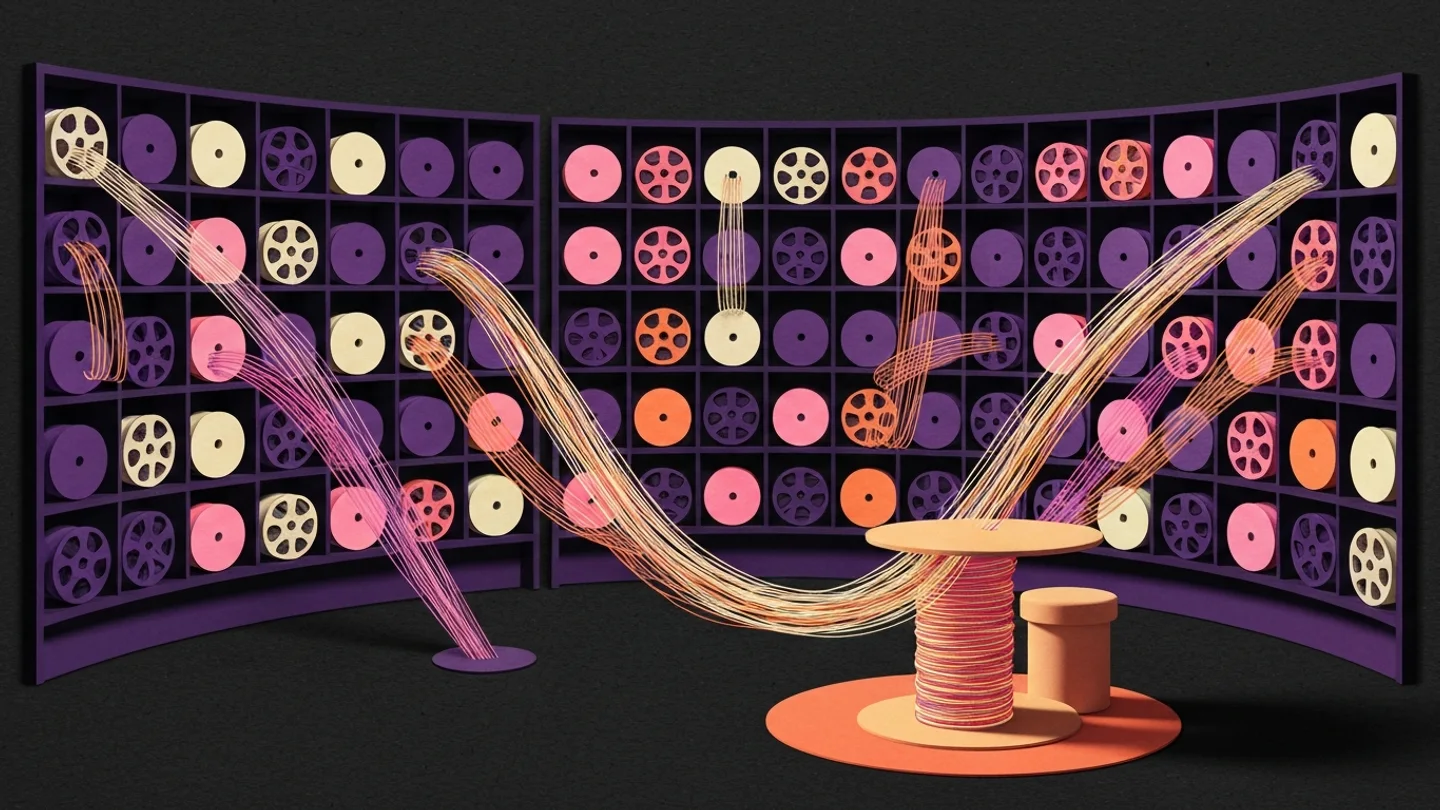 A curved wall of pigeonholes filled with film reels, dozens of threads springing from reels all across it and twisting together into one strand that winds onto a single spool on the table