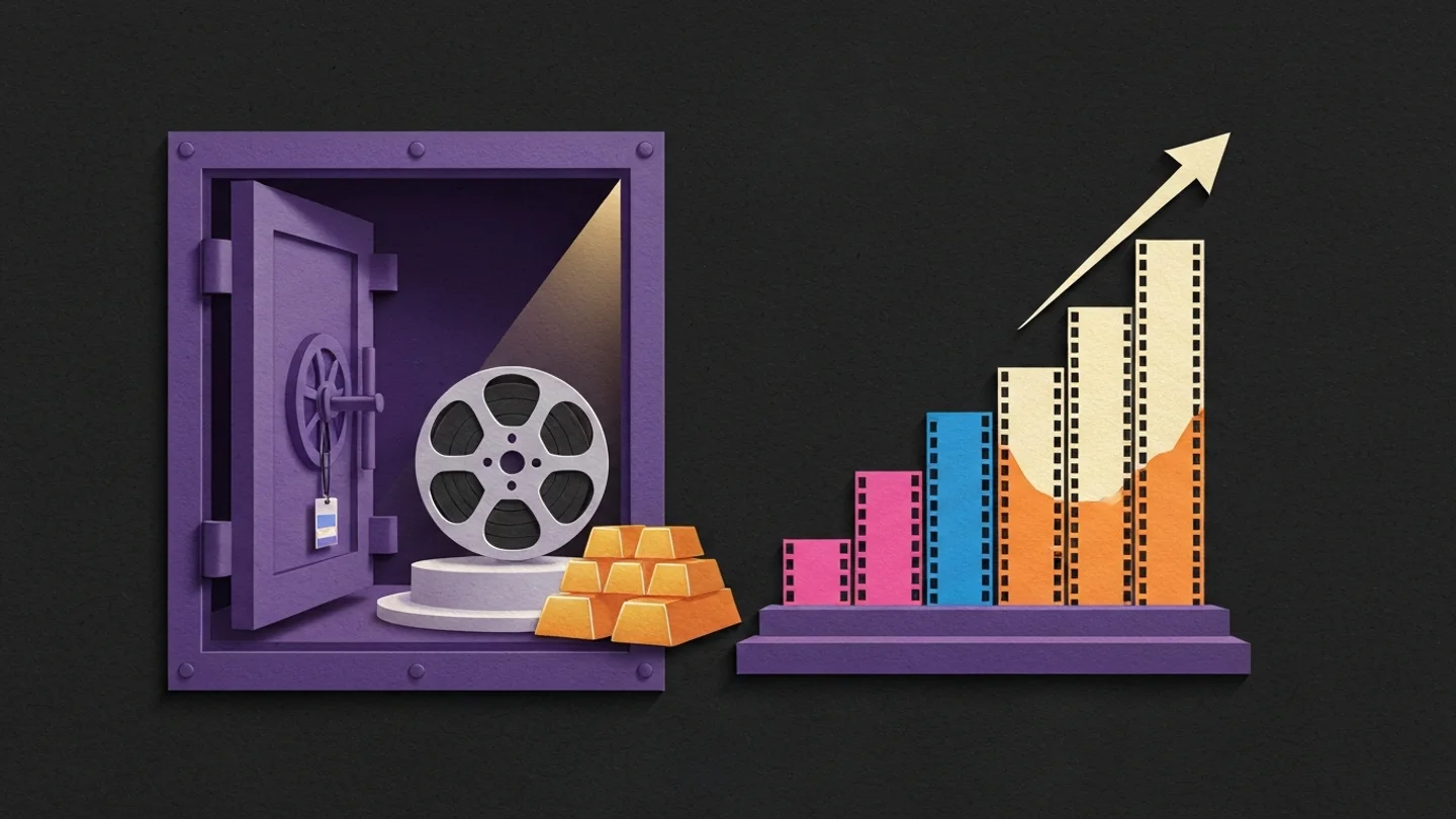 An open vault with a film reel displayed on a pedestal beside gold bars, next to a rising bar chart whose bars are made of film strips