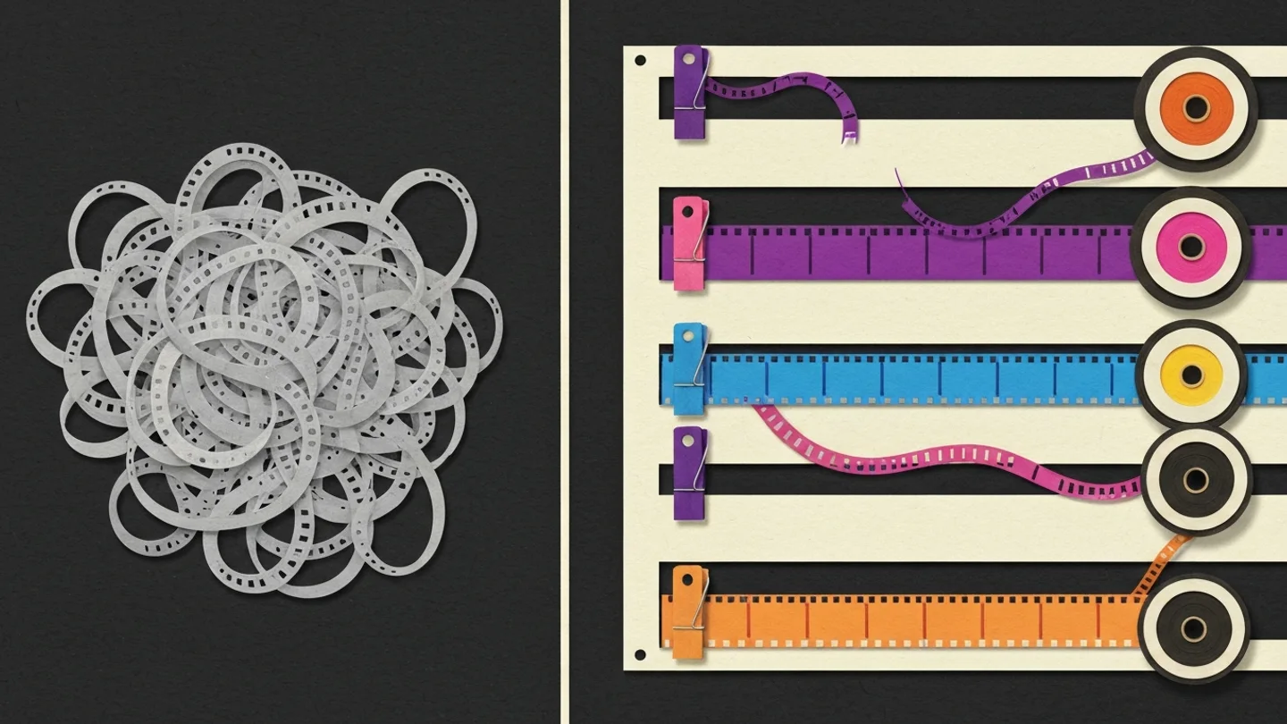 On the left a tangle of identical colorless film loops. On the right the same film sorted into separate colored strips, each clipped by a peg of its own color and running along its own rail to its own spool