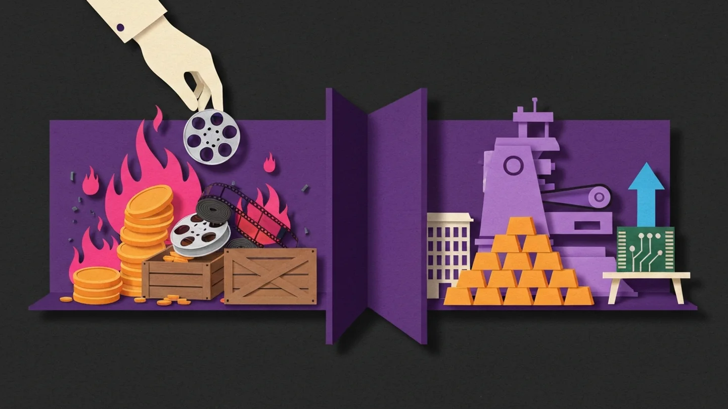 Two equal halves of a shelf. On the left, coins and a crate of film reels burning in flames while a hand drops another reel in. On the right, untouched: a factory machine, a building, a stack of gold bars and a circuit board with a rising arrow