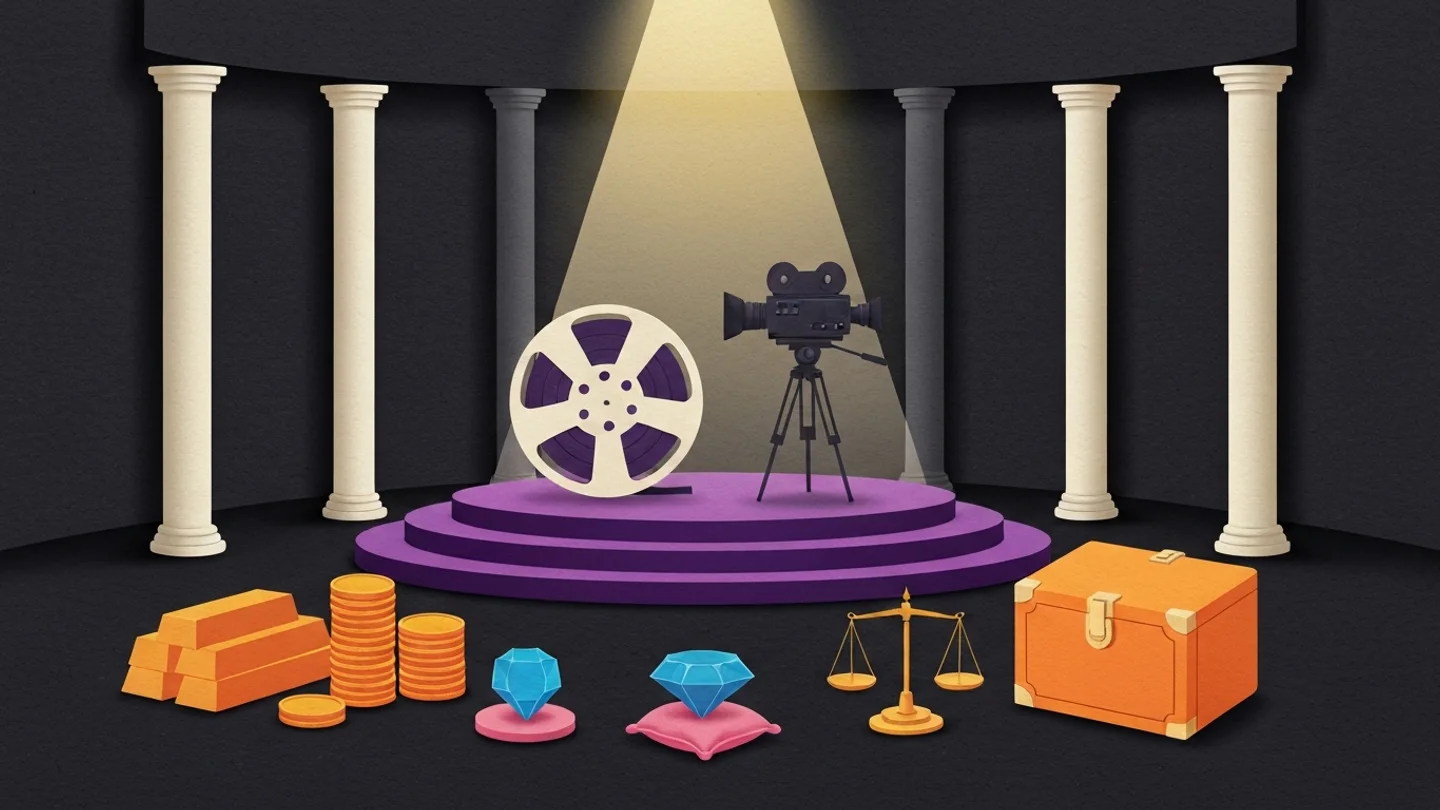 A columned hall with a lit circular dais. A film reel and a camera on a tripod stand raised at its center, and on the floor around them the classic instruments of value: gold bars, stacks of coins, cut gems, a balance and a strongbox