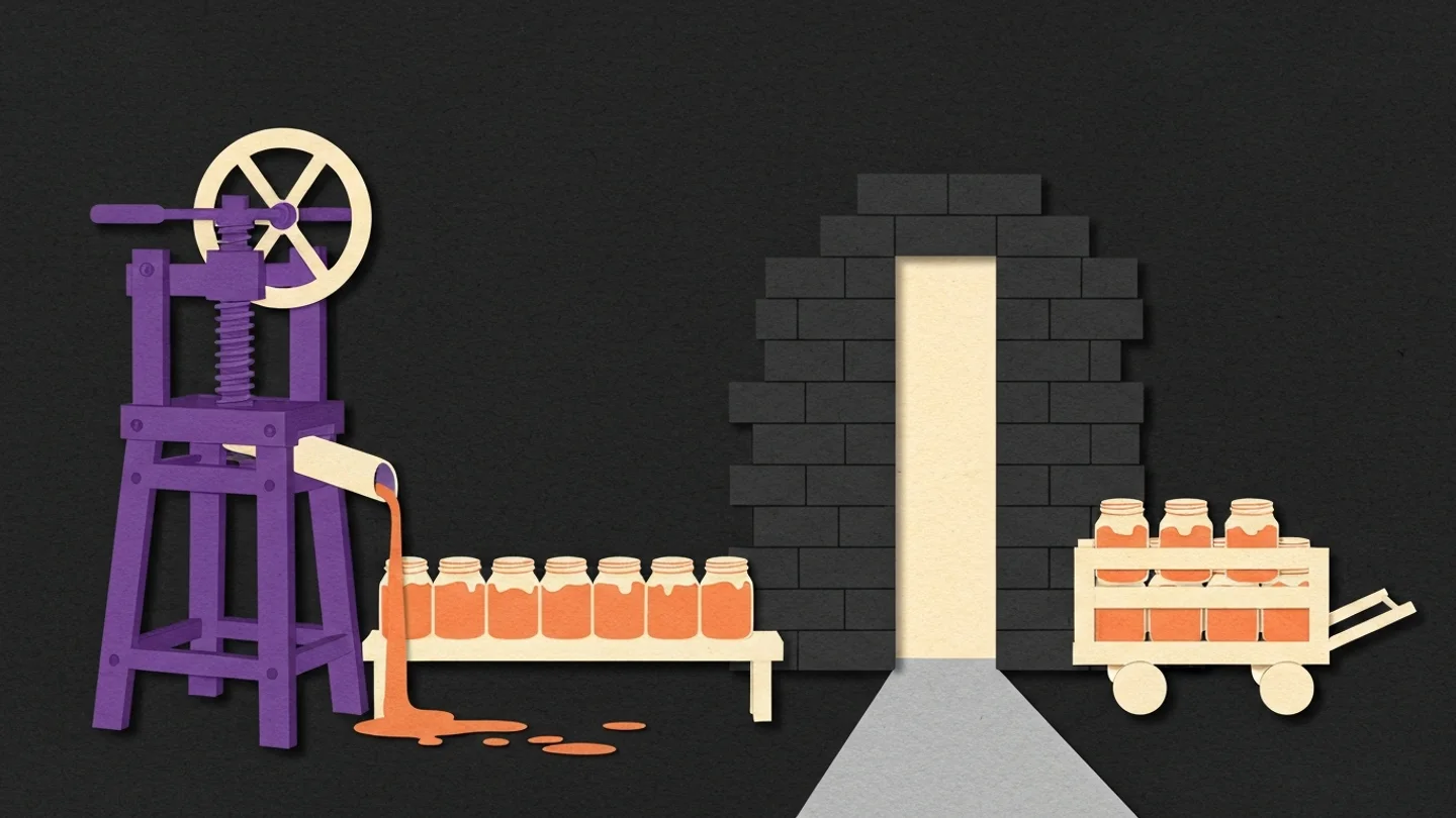 A press pouring into a row of filled jars, a dark brick wall with a lit passage cut through it, and a loaded cart standing on the far side
