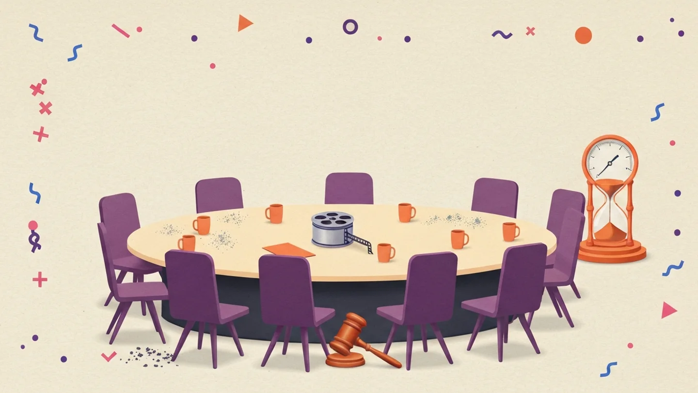 A round meeting table ringed with identical empty chairs and no seat at its head, a film reel untouched in the center among cold mugs and dust, a gavel lying on the floor and an hourglass running beside it