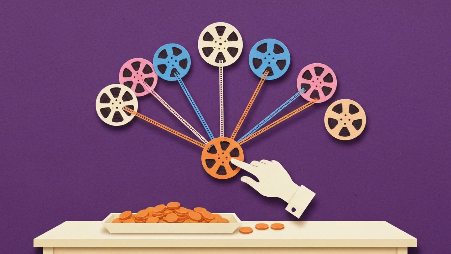 A hand setting one orange film reel on a wall, and eight strips of film fanning out from it at once to reels already hanging there, with a tray of coins overflowing on the table below