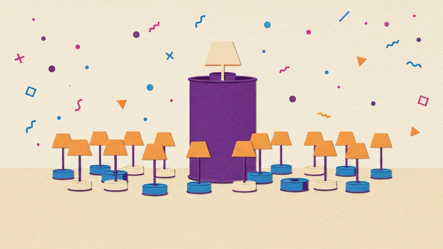 One large film can lit by a single lamp, surrounded by a dozen small cans that each now carry a lamp of their own, the same size as the one over the big can