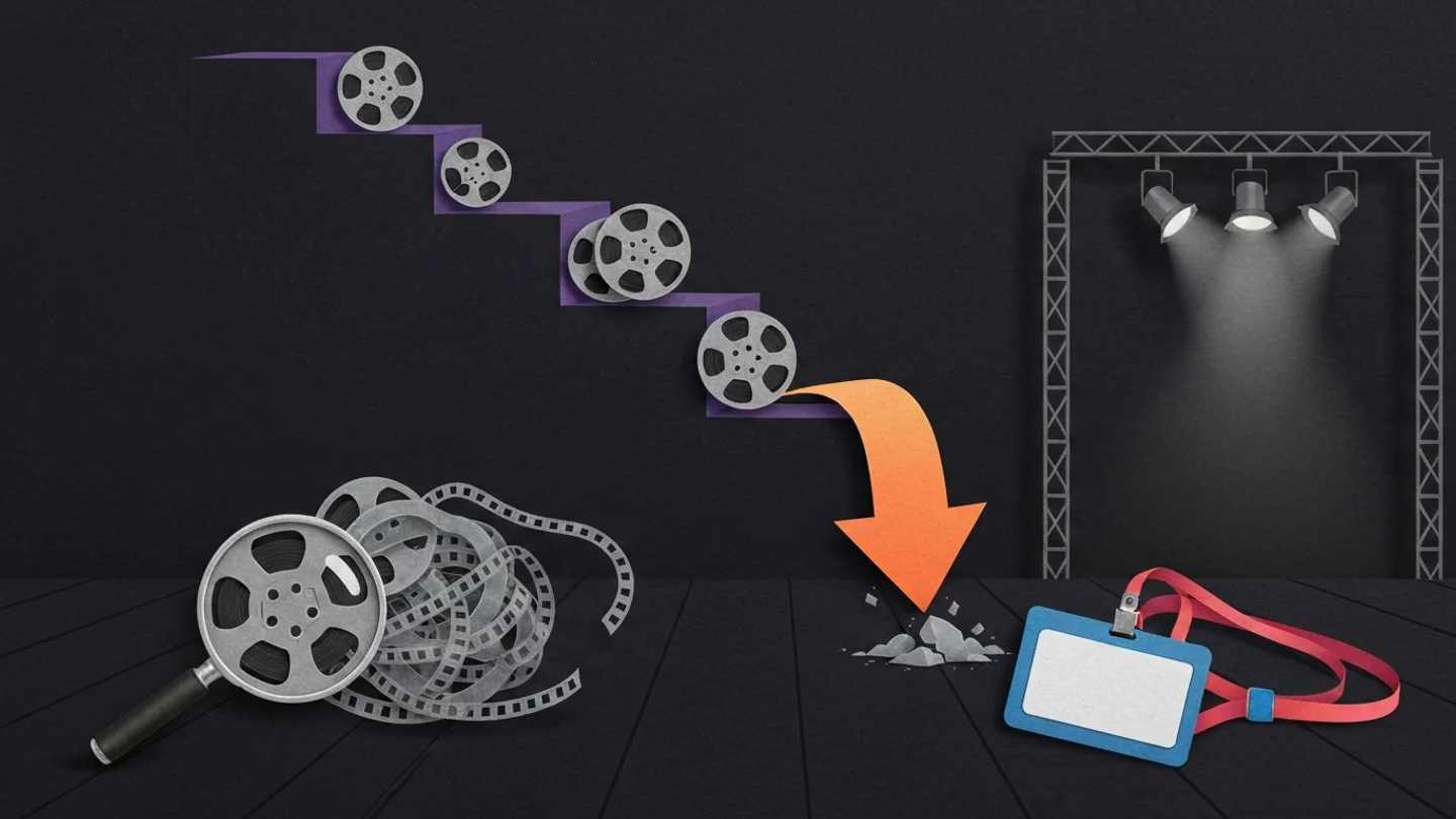 A staircase of film reels descending step by step, an orange arrow crashing into rubble at the bottom, a magnifying glass abandoned on a tangle of loose film, and a blank conference badge under an empty spotlight