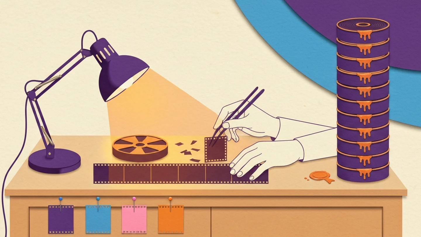 An inspection bench under a lamp: tweezers lifting a single frame from an open film reel, cut frames and a wax seal on the desk, colored frames pinned along the front, and a tall stack of wax-sealed cans standing unopened beside it