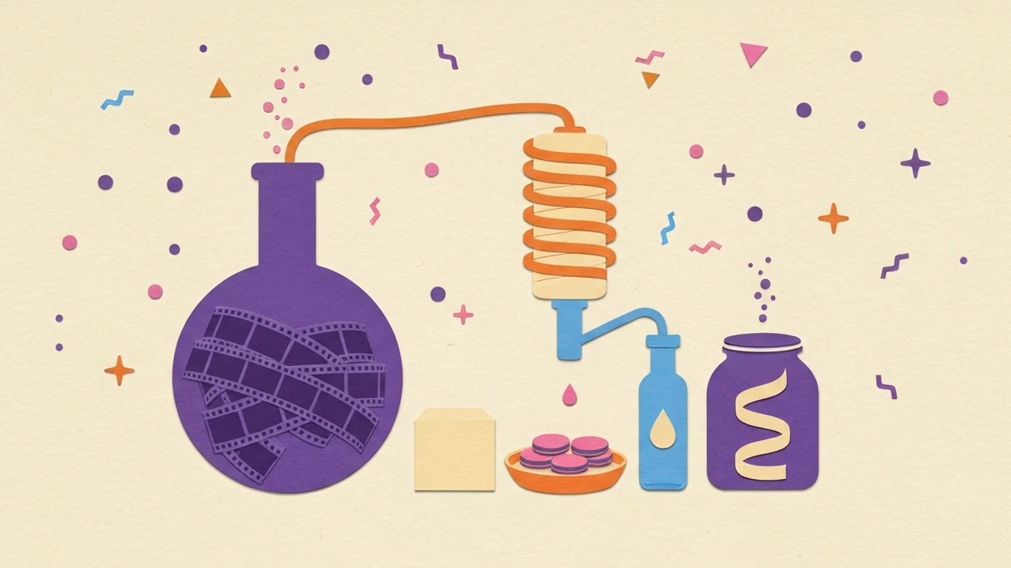 A still: a purple flask packed with film strips, an orange condenser coil above it, and four completely different small outputs at the tap, a cube, a dish of discs, a bottle holding a single drop, and a jar with a coiled ribbon