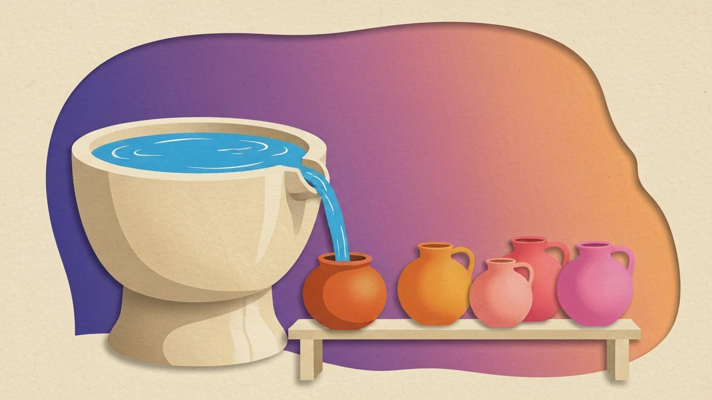 A stone basin filled to the brim, a stream of water arcing out of it into a row of jugs on a shelf, while the basin itself stays just as full