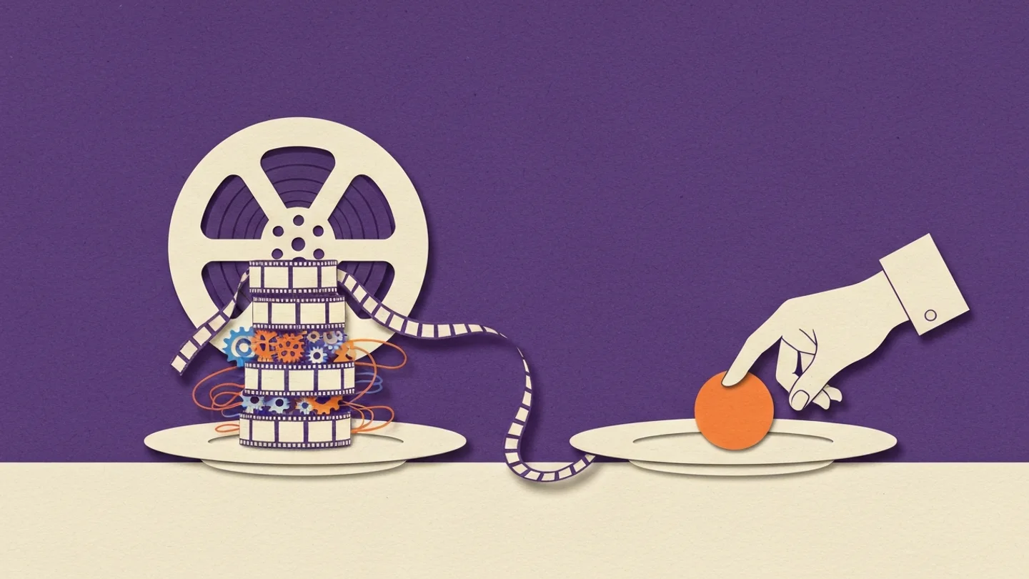 One film reel feeding two plates. On the left a dense tower of film strips and gears, on the right a single orange sphere that a hand is picking up