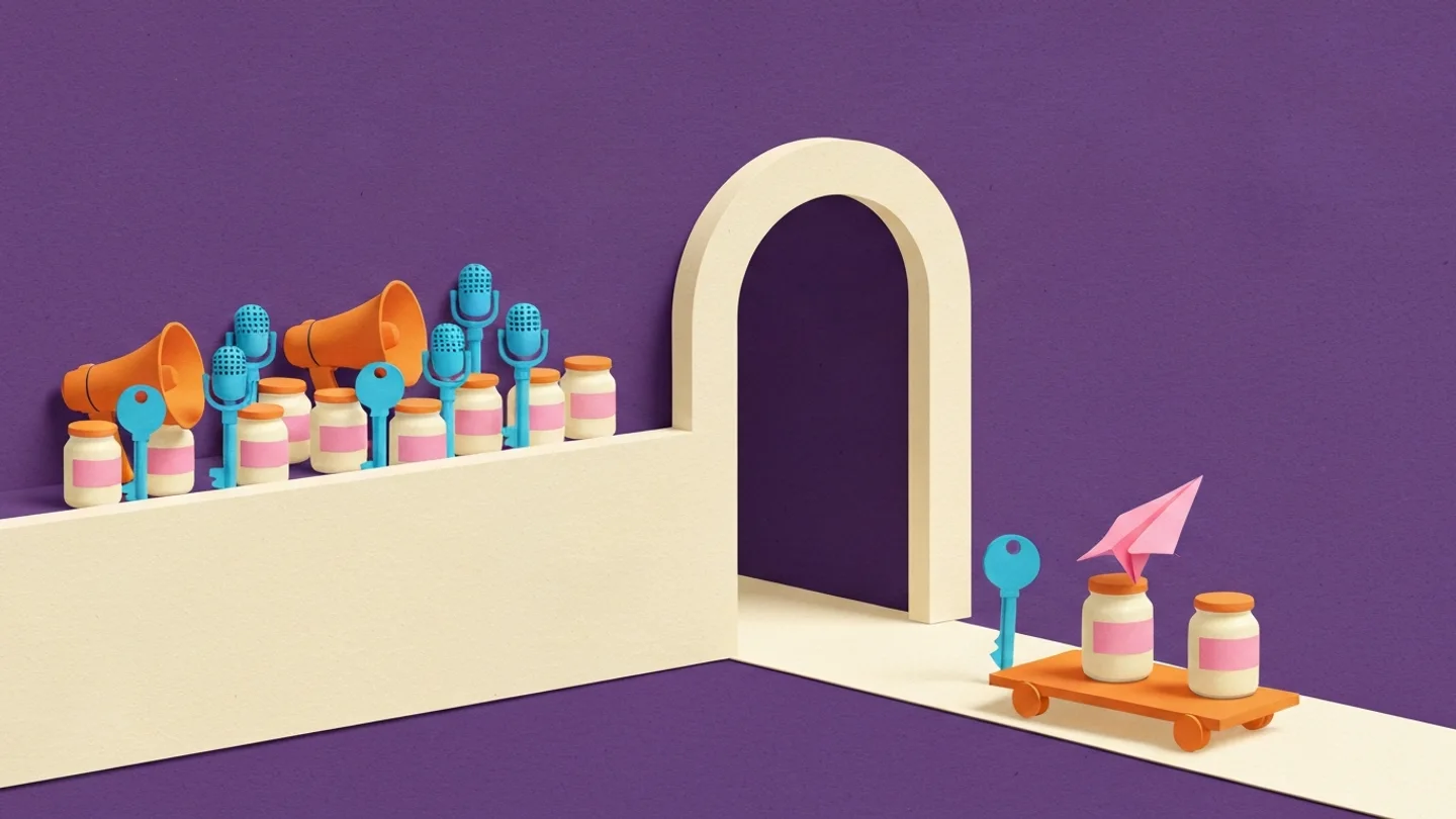 A wall with an open arch. On the near side a long ledge crowded with megaphones, microphones, keys and jars standing in order, and through the arch a small cart carrying just two jars, a key and a paper plane