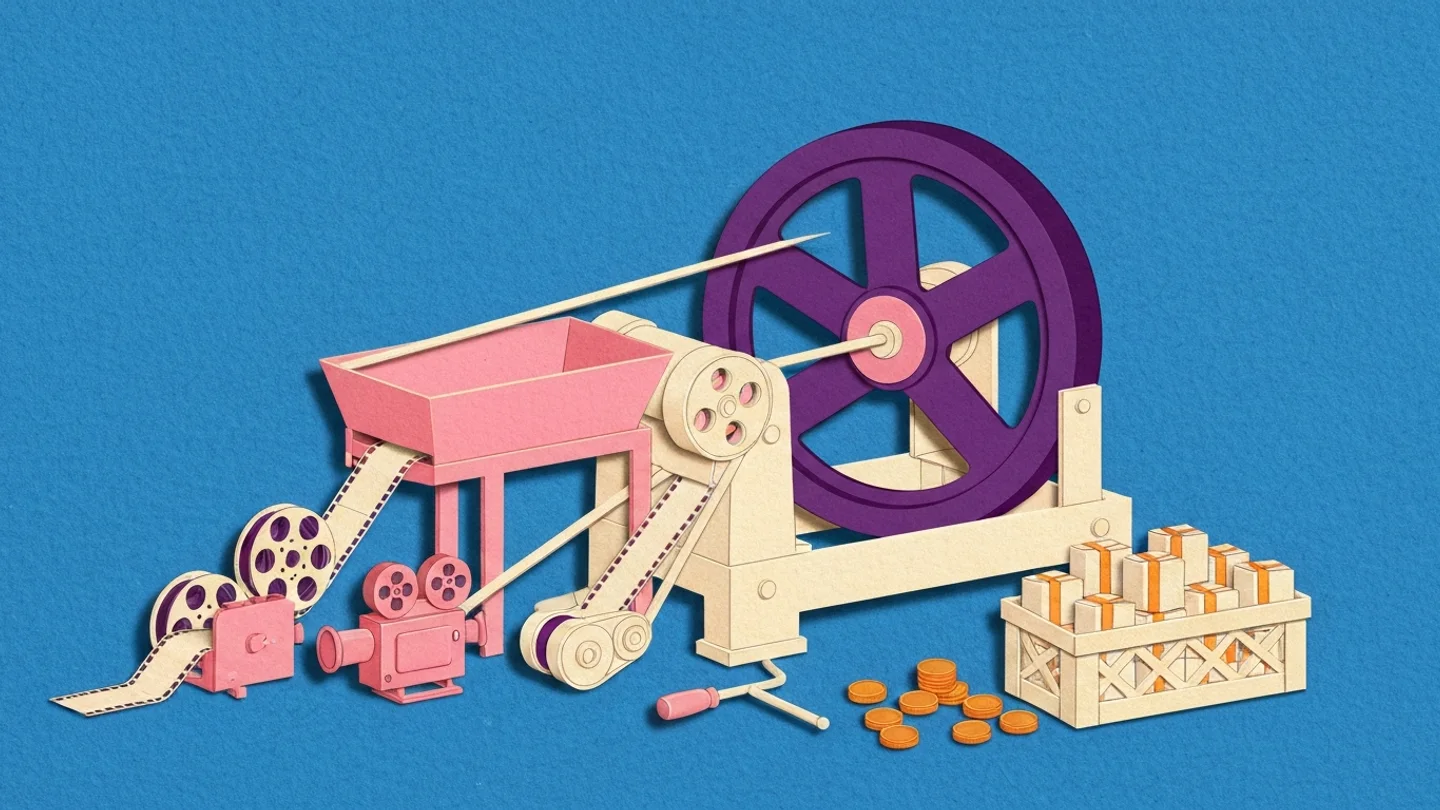 A heavy flywheel driving a machine. Film reels, a camera and a strip of film feed into the hopper on one side, a crate of wrapped parcels and a pile of coins come out the other, and the starting crank lies detached on the floor