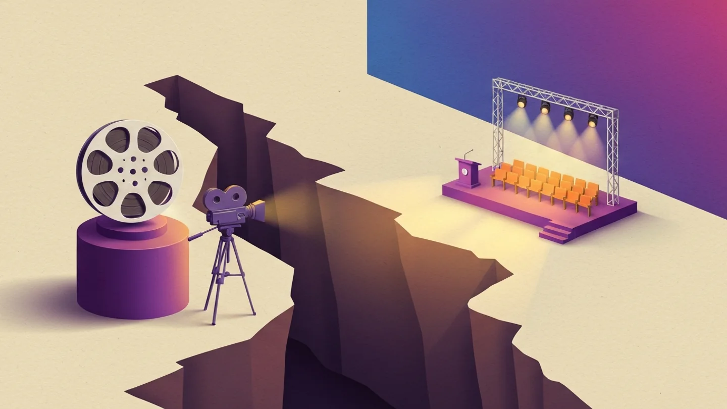 A wide chasm with nothing crossing it. On the near side a finished film reel on a pedestal and a camera on a tripod pointing across, on the far side a lit stage with a truss, a podium and rows of chairs