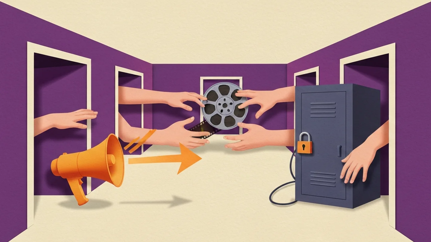 A corridor with four open doorways. Four hands reach in from different doors toward a single film reel in the middle of the air, none of them closing on it, with a megaphone in one doorway and a padlocked cabinet in another