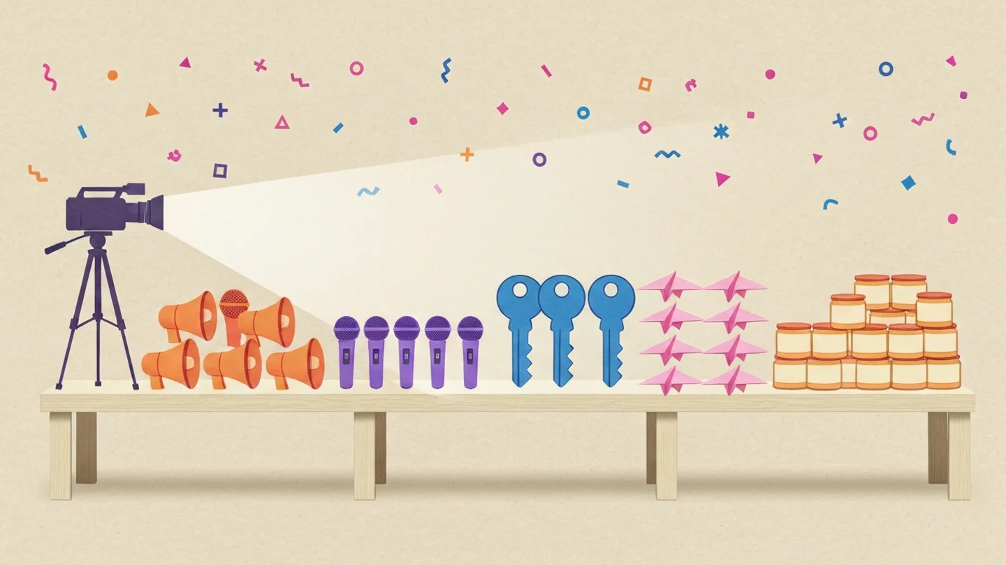 A single camera on a tripod at the end of a long bench, its light falling across five separate groups of objects: megaphones, microphones, keys, paper planes and stacked jars