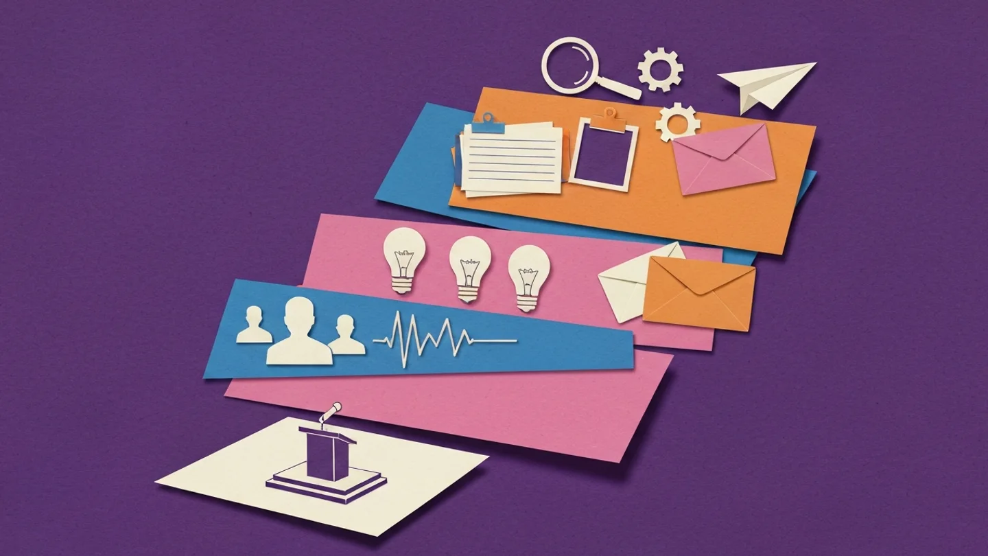 Stacked paper planes rising from a lit podium at the base, through speakers and a sound wave, then ideas, then documents and envelopes, up to a magnifier, a gear and a paper plane