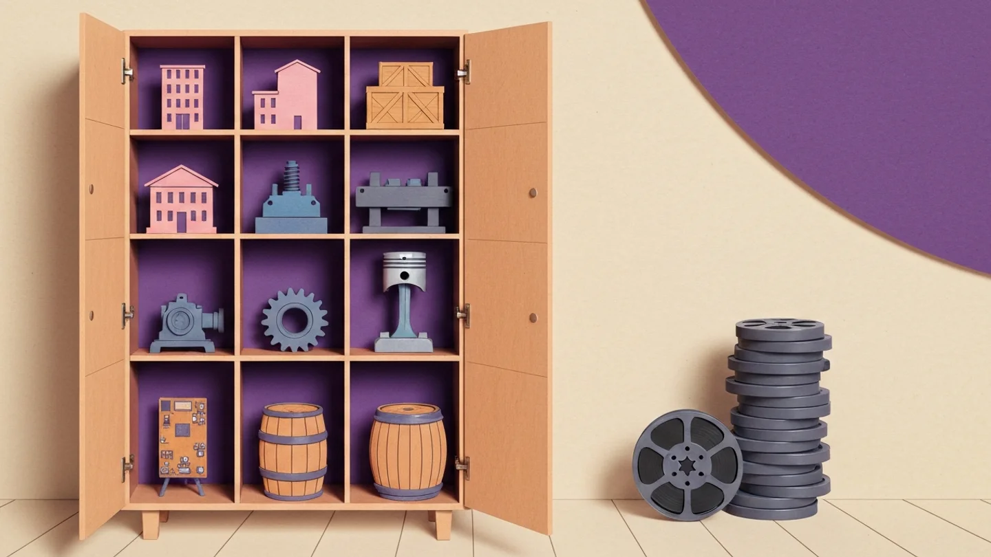 A cabinet of pigeonholes with every compartment filled by an asset: apartment blocks, a bank, a crate, machinery, a gear, a piston, a circuit board and barrels. A stack of film reels sits on the floor outside it, with no compartment of its own