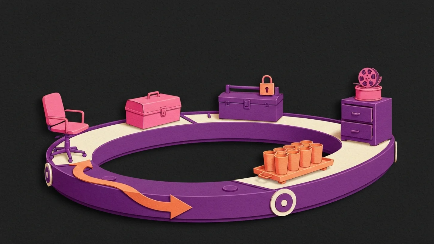 A closed conveyor loop with a single arrow running around it, carrying an empty office chair, a toolbox, a padlocked chest, a tray of measuring cups and a filing cabinet with a film reel on top, none of them ever leaving the circle