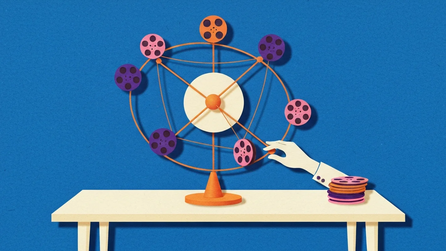 An orrery on a table: film reels carried on metal arms in balanced orbit around a lit center, a hand adjusting one of them, and a neat stack of reels beside it