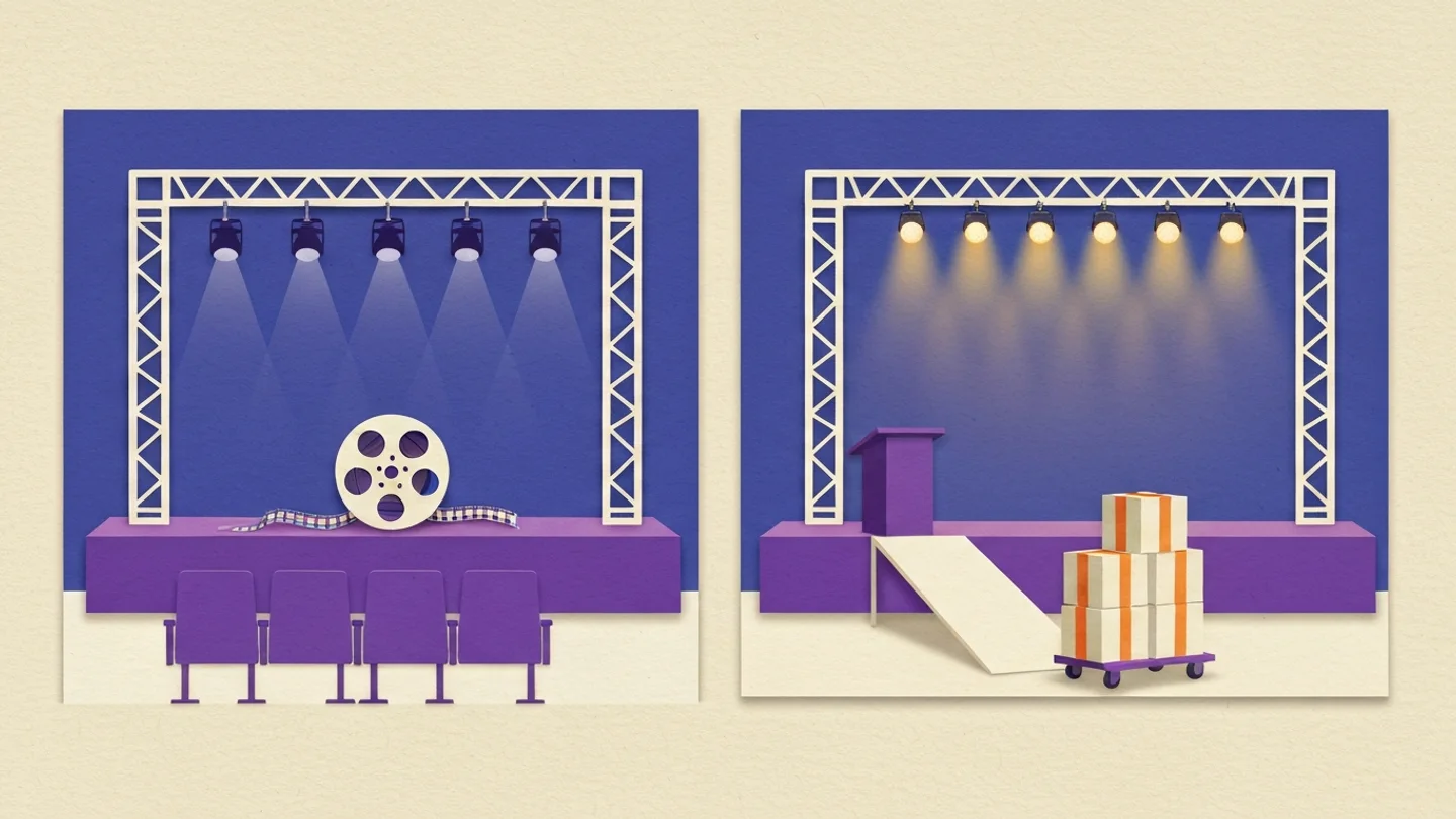 Two identical stages side by side. On the left the lights are cold and off and the film reel is still lying on the stage in front of empty chairs. On the right the lights are still burning and a loaded cart of wrapped parcels is already rolling out