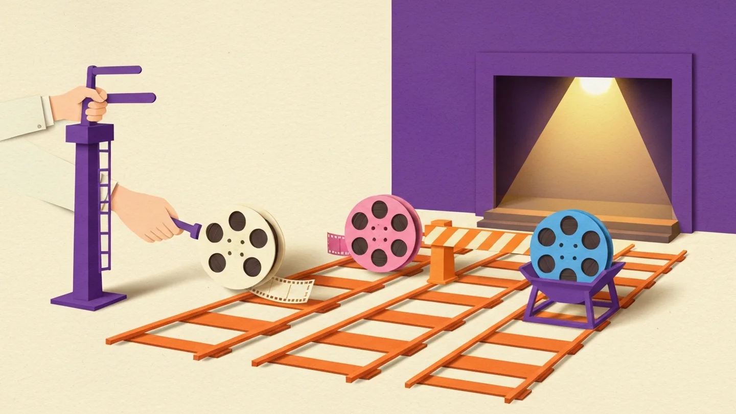 A hand resting on a signal lever beside three separate tracks. On one a reel is set running toward a lit alcove, on the second a reel stands stopped at a striped barrier, and on the third a reel is lifted clear into a cradle