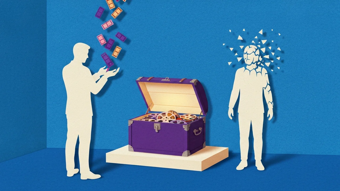 One figure tipping colored frames into an open chest of film reels while a second figure crumbles into paper flakes and disappears. The chest stays full and lit
