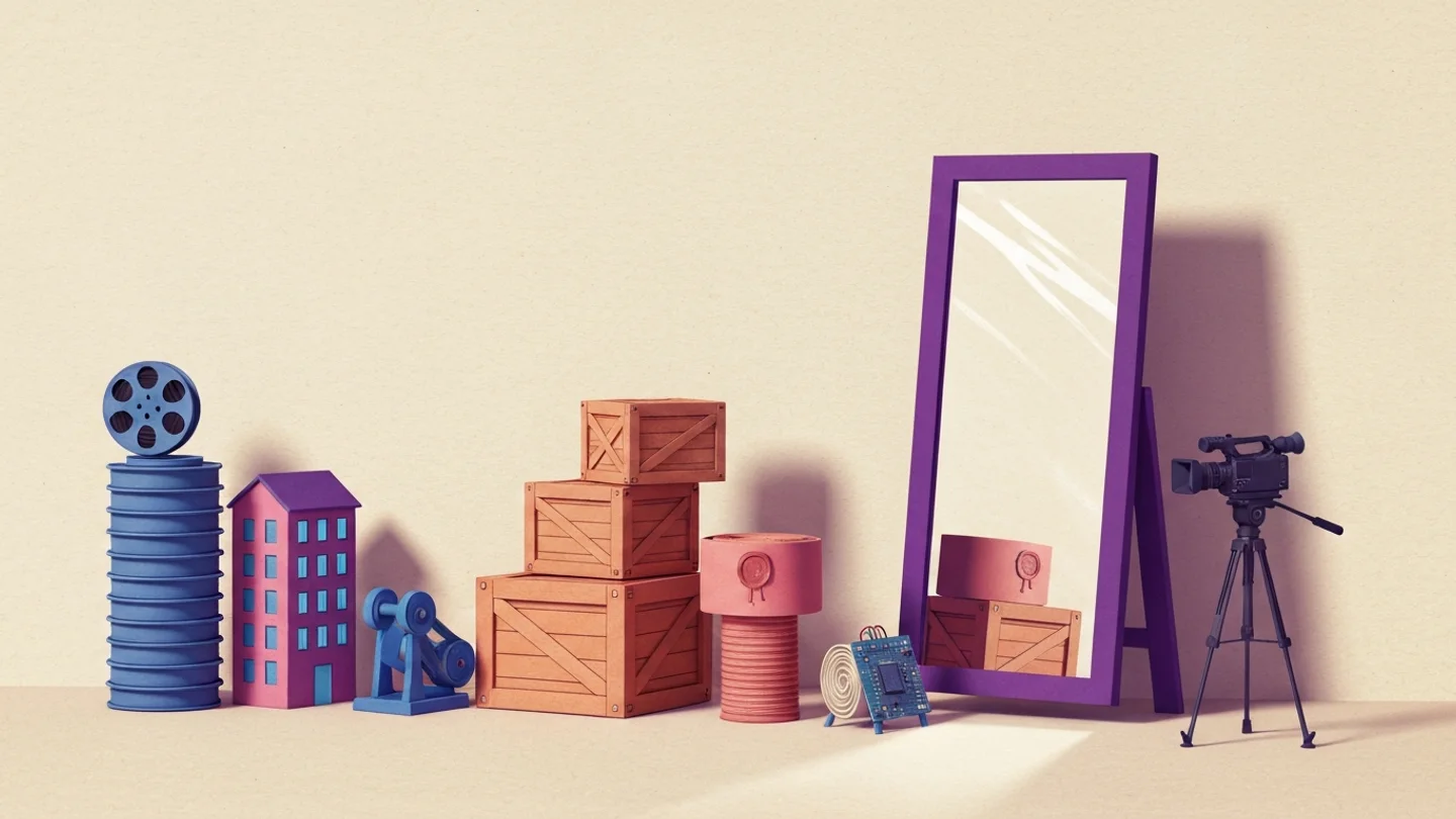 A row of assets facing a standing mirror: film reels, a building, a machine, crates, cans and a circuit board. The mirror reflects the crates and the cans, and the camera on its tripod beside it is not reflected at all