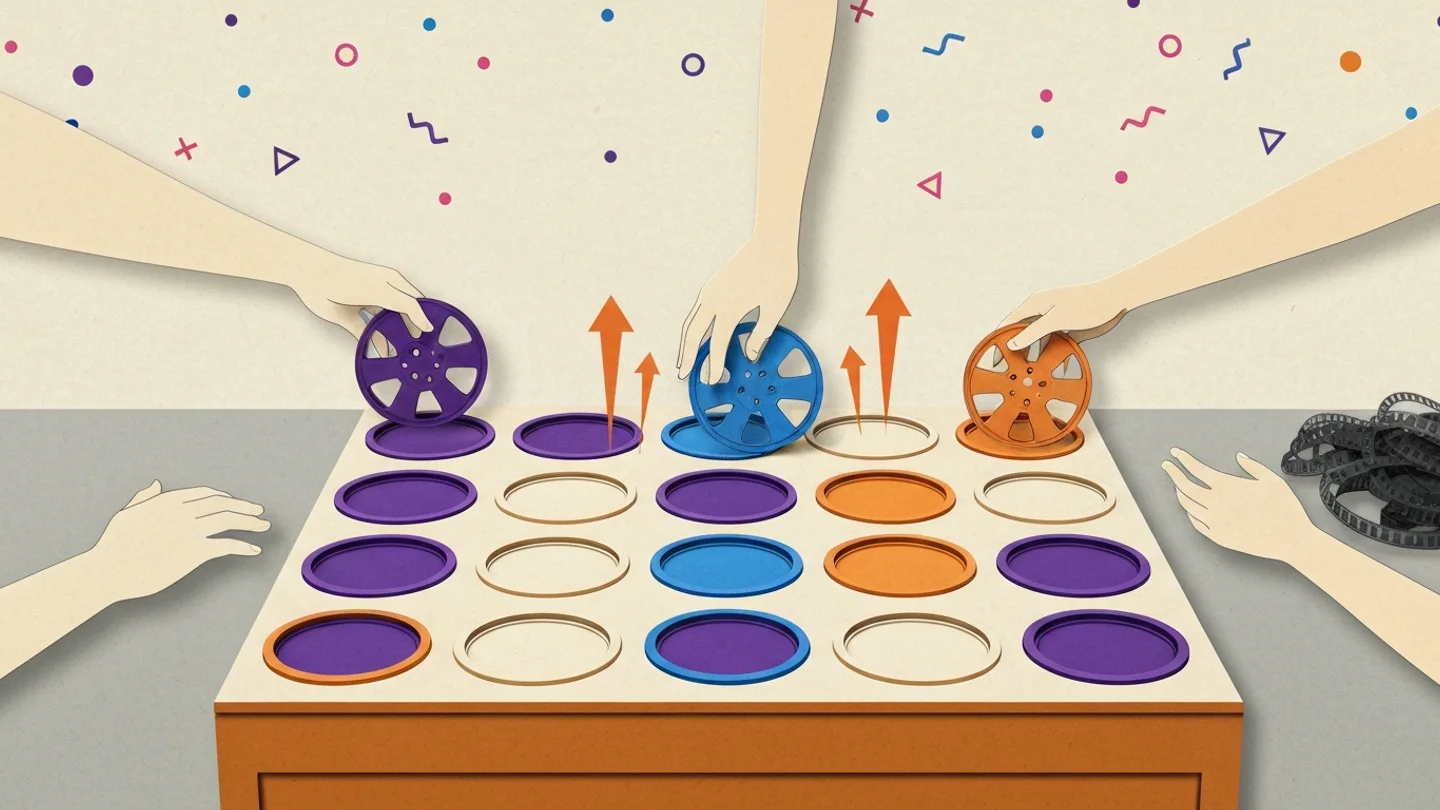 A table set with a grid of round sockets, every film reel in a socket of its own color, three hands lifting three different reels at the same moment, and a tangle of unsorted film waiting at the edge