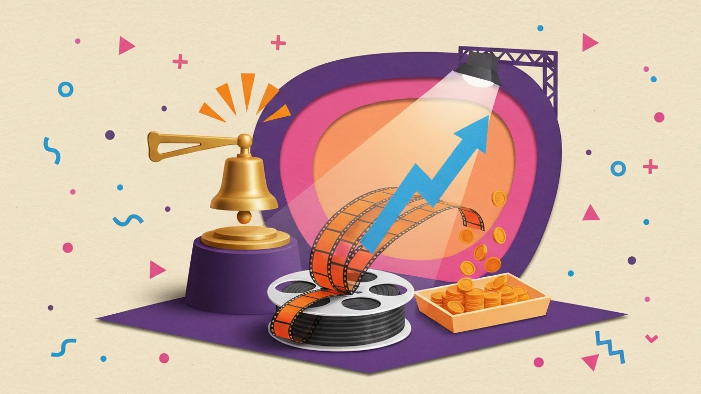 An opening bell beside a film reel whose strip climbs into a rising arrow under a stage light, coins falling from it into a tray while the reel itself stays whole