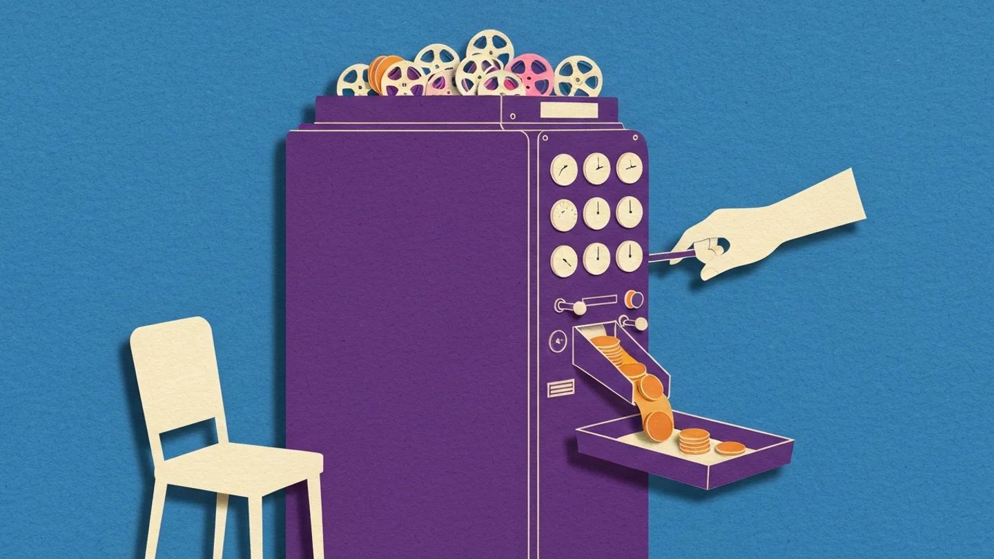 A tall machine loaded with film reels, its dials still, coins pouring into a tray only because a hand reaching in from outside is pulling the lever, an empty chair standing in front of it