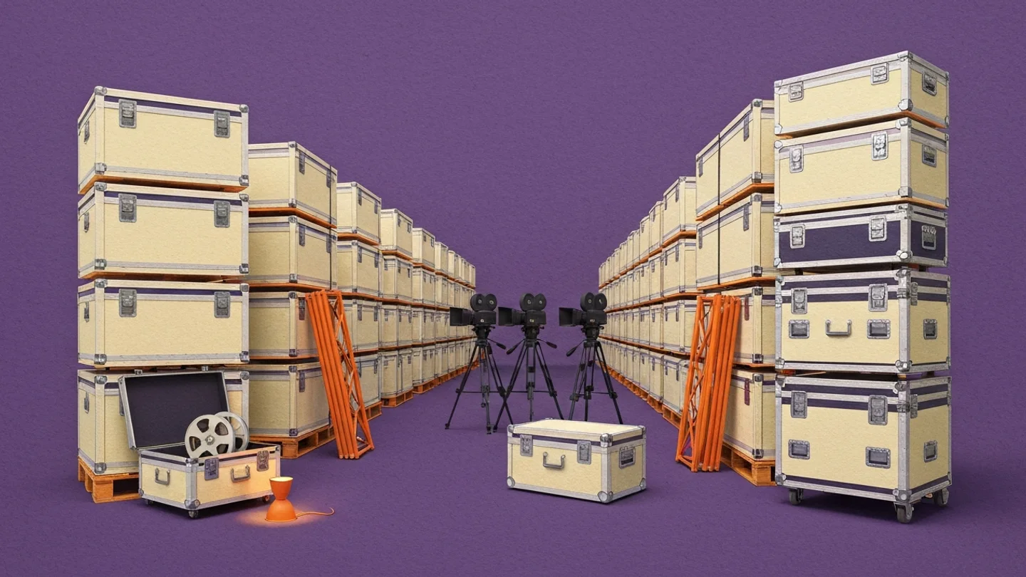 A warehouse corridor of stacked road cases running back into the distance, three cameras standing idle at the far end, and in the foreground a single case open under a small lamp with one film reel inside