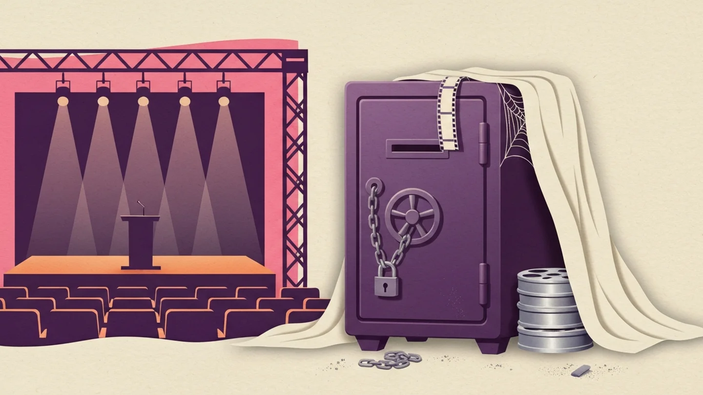 A lit conference stage with a podium and empty seats, beside a padlocked safe draped in a dust sheet and cobwebs, a film strip trapped in its slot and film reels stacked on the floor