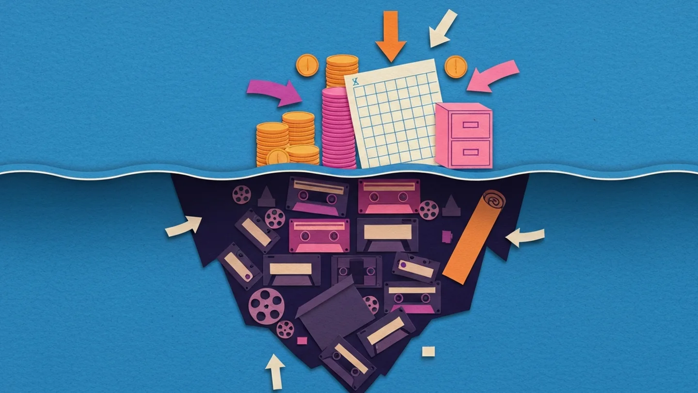 An iceberg. Above the waterline a spreadsheet, a filing cabinet and stacks of coins with every arrow pointing at them. Below the waterline a far larger mass of tapes and film reels
