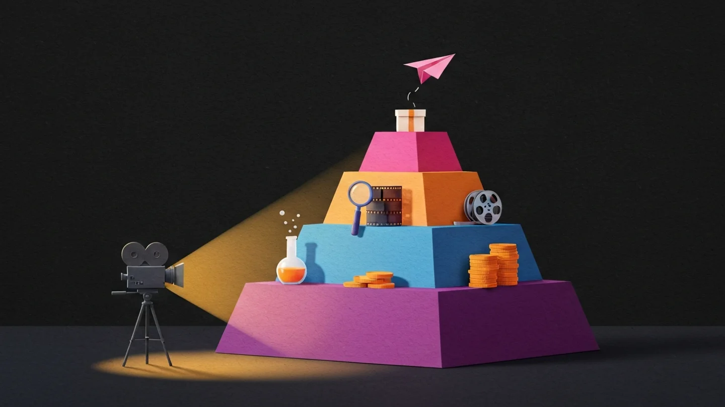 A five-tier pyramid standing in the dark, each tier carrying one object: a flask, coins, a magnifier over a strip of film, a reel, and a parcel at the summit with a paper plane leaving it. A camera on a tripod at its foot lights the whole height