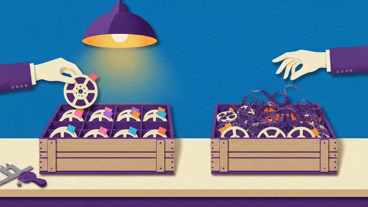 Two crates on a bench under a lamp. In one, every compartment holds a reel with a blank colored tag and a gloved hand lifts a clean one out. In the other, a tangle of loose film and reels, and a second hand comes away empty
