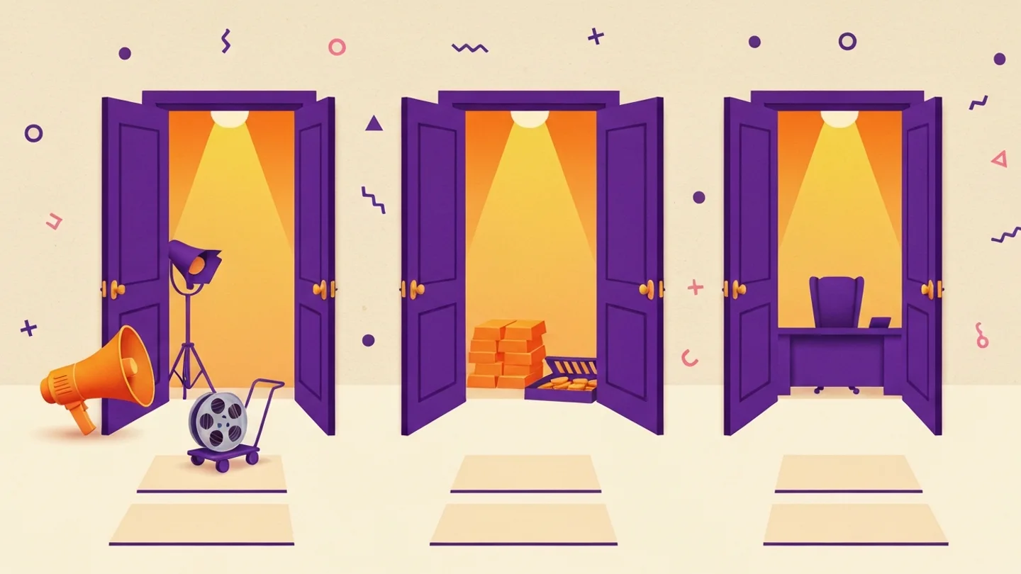 Three identical open doorways lit exactly the same. Behind the first a megaphone and a film reel on a trolley, behind the second stacks of gold bars, behind the third a desk and an executive chair, with three paths of equal length leading out