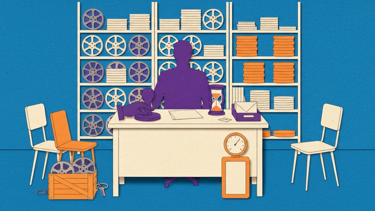 One seated figure at a desk facing a full wall of film reels and stacked cans, a hand on a stamp, an in-tray being worked, keys on a crate of reels, and two empty chairs standing to either side