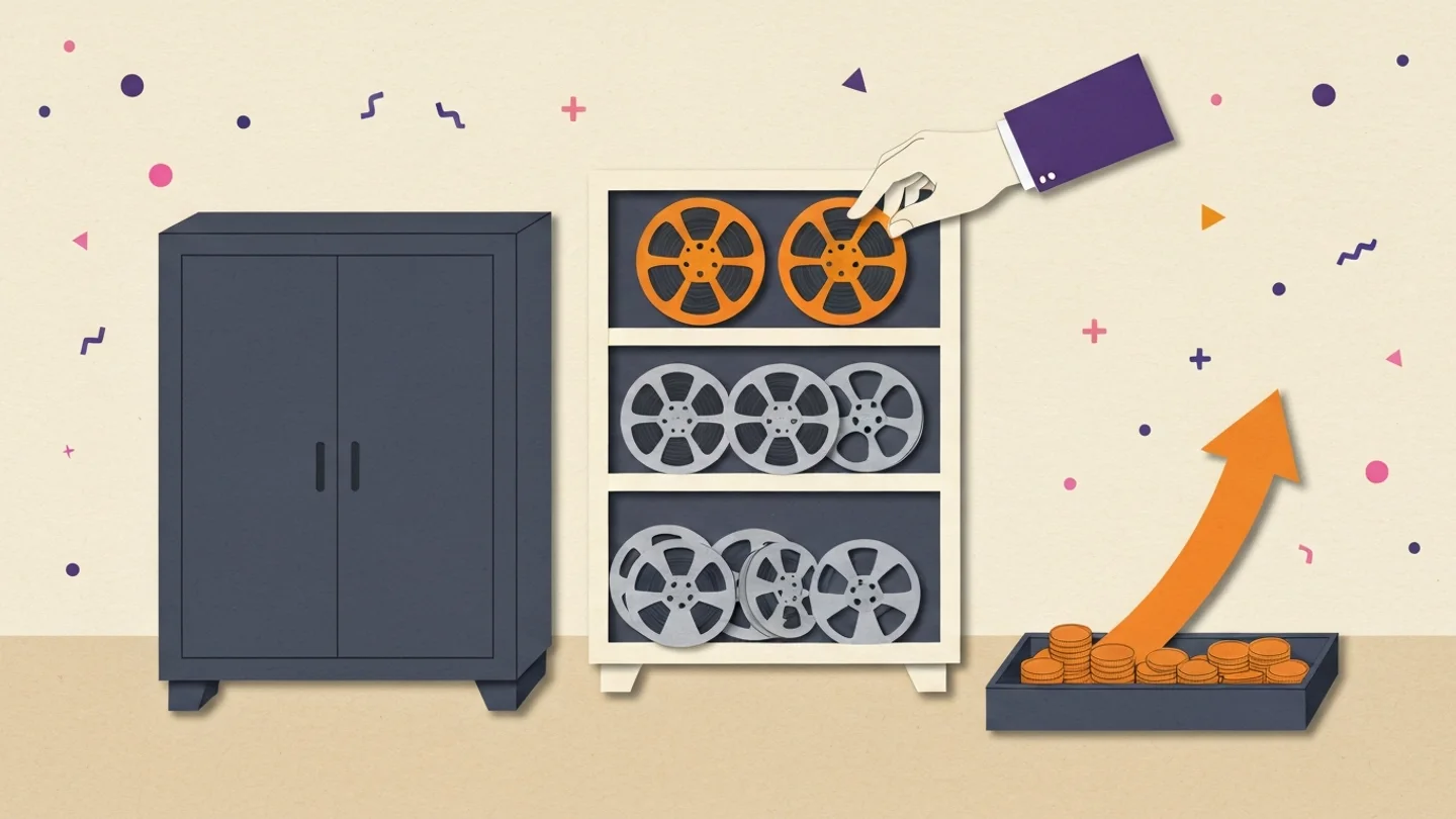 A closed grey cabinet beside an open working shelf where film reels are ranked, bright ones on the top shelf and dull ones below, a hand placing another in position, and a tray of coins with a rising arrow beside it