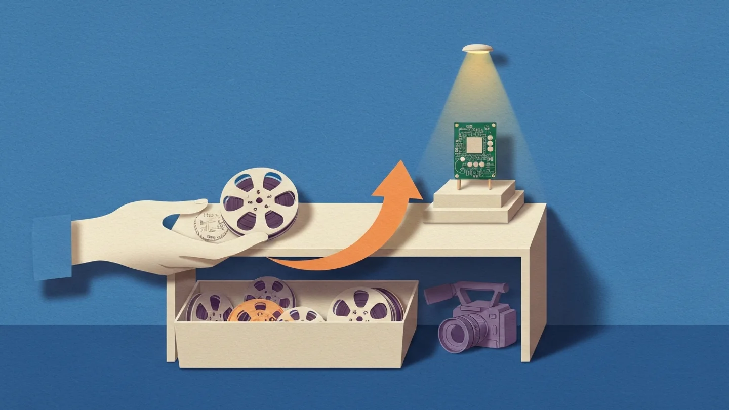 A hand lifting a film reel out of a crowded box on the floor while an orange arrow curves up to a table, where a circuit board stands on a lit pedestal and a camcorder is left underneath in the shadow