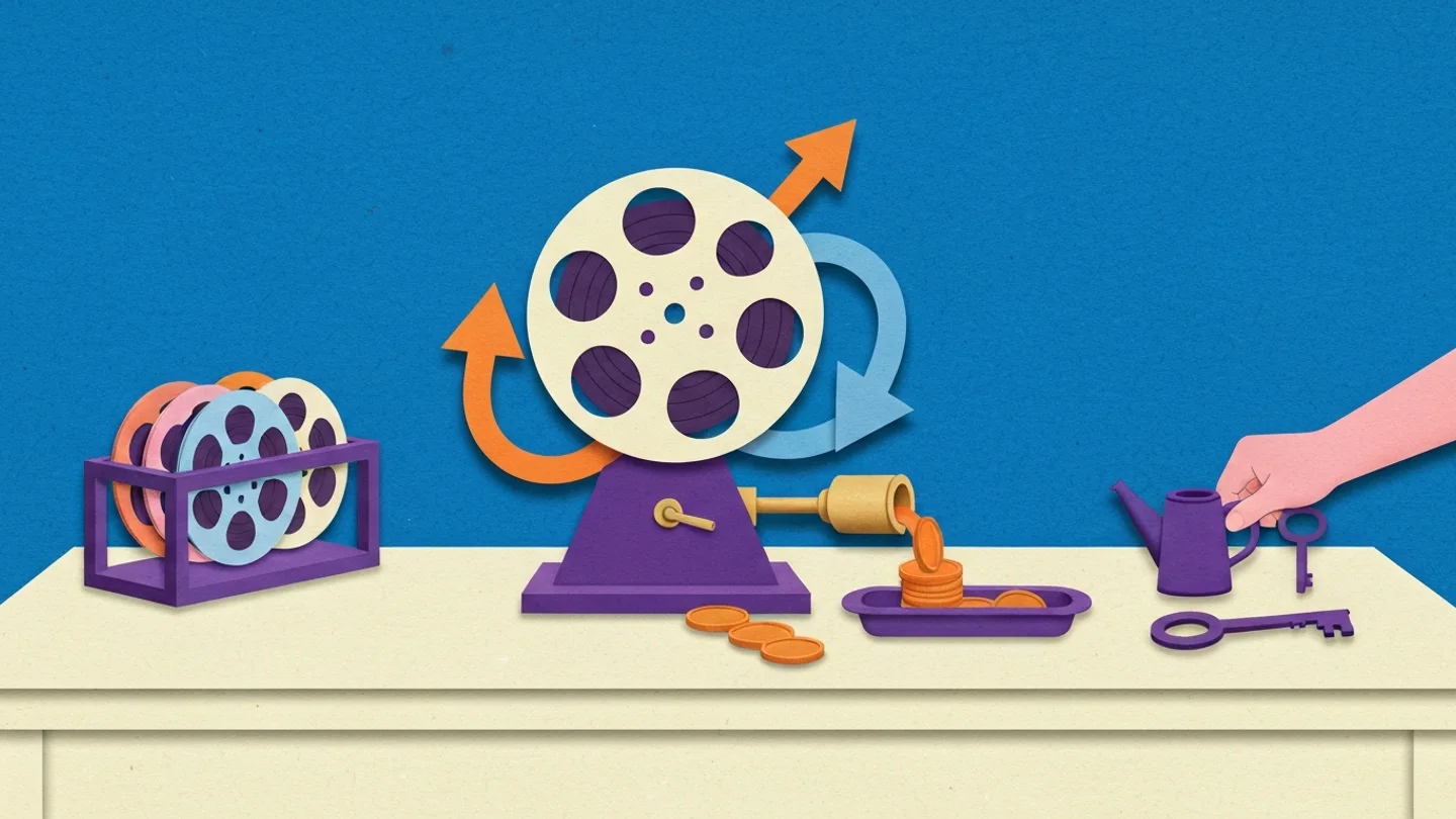 A film reel mounted on a stand with arrows rising from it and curving back down, a spout pouring coins into a tray beside it, a rack of other reels to one side, and a hand arriving with a watering can and a set of keys