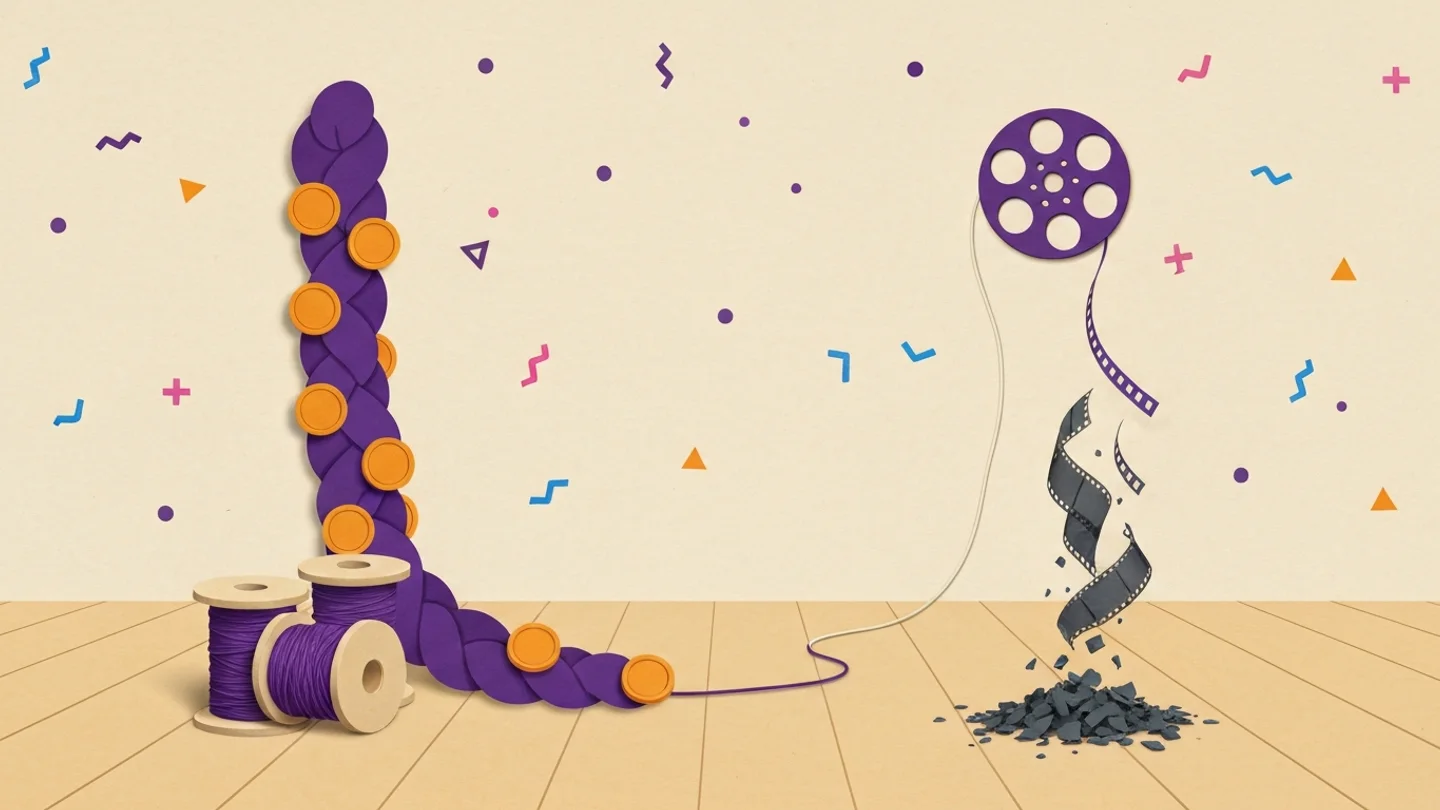 On one side a braided cord thickening as it rises, studded with coins and growing out of full spools. On the other a reel whose film is fraying and falling into a heap of dark flakes