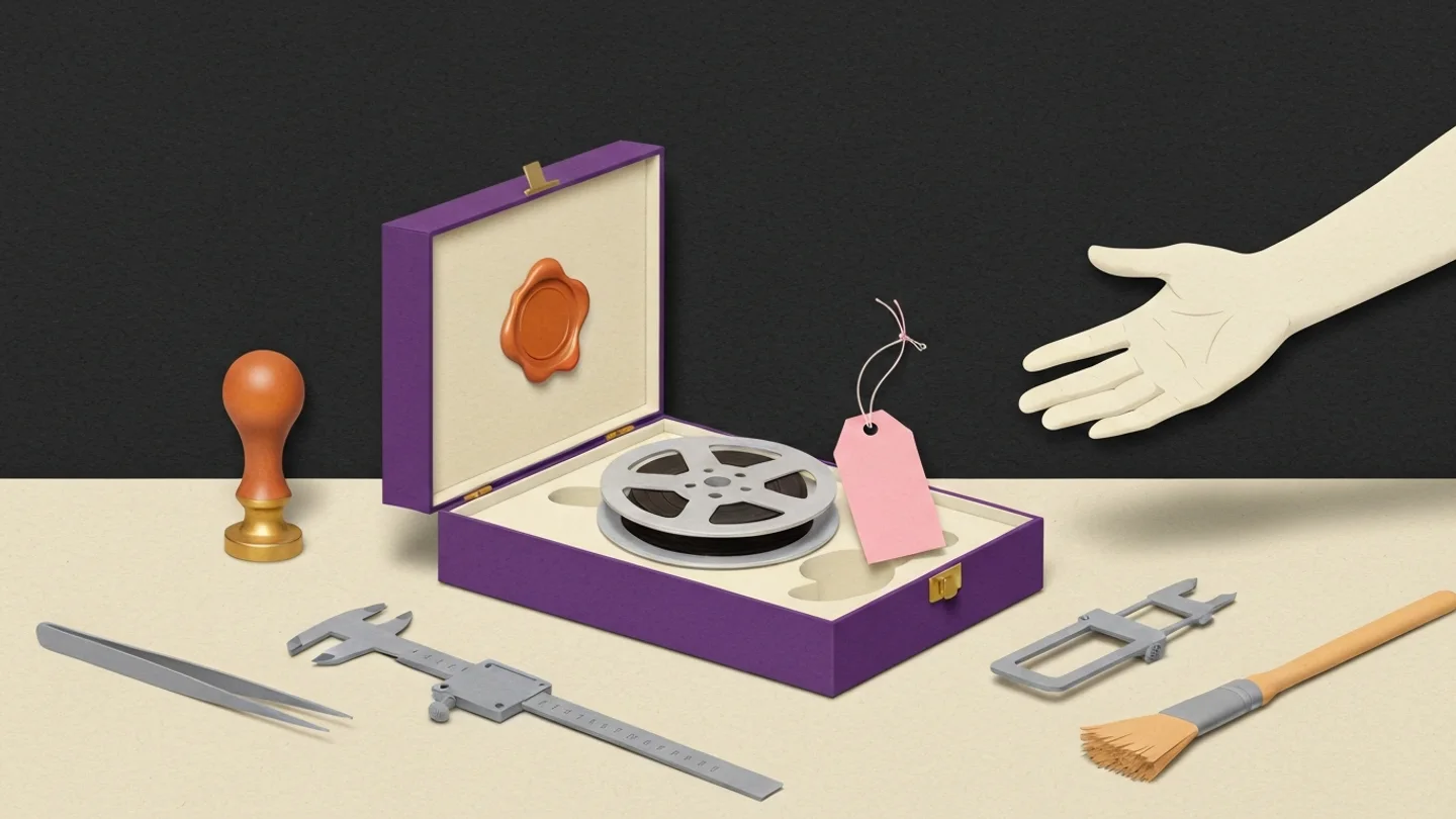 An open presentation case with a wax seal in its lid and an examined film reel inside, a blank tag tied to it, the inspection tools laid down beside it, and an open hand reaching in to receive it